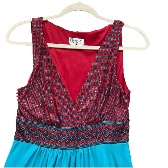 Maggy London Size 8 Red And Teal Geometric Sleeveless V-Neck Maxi Boho Dress - Picture 4 of 7